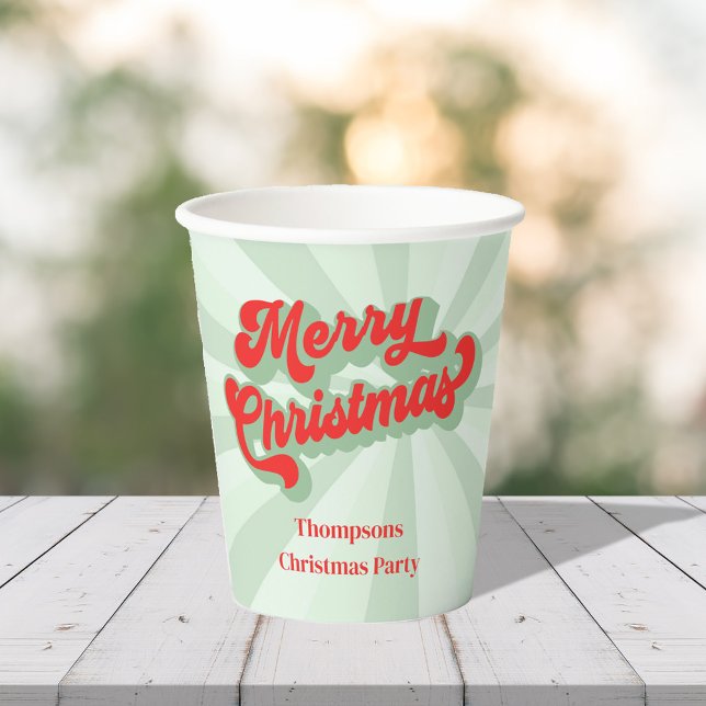 Gobelets En Papier Joyeux Noël Calligraphie Rétro Script Rouge Vert (Merry Christmas whimsical retro style calligraphy paper cup.)