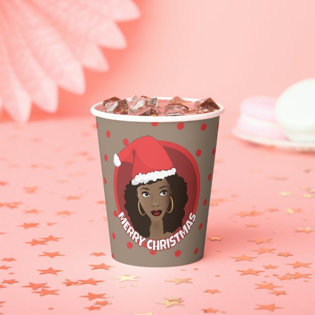 Gobelets En Papier Joyeux Noël, Femme noire Santa Hat (Insitu)