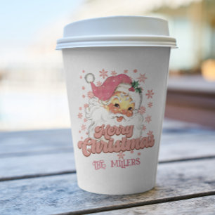 Gobelets En Papier Joyeux Noël Retro Typographie Père Noël Pink Casqu