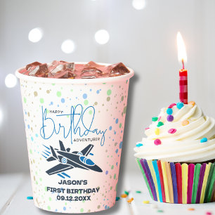 Gobelets En Papier Joyeux premier anniversaire Jet Fighter Avion Bleu