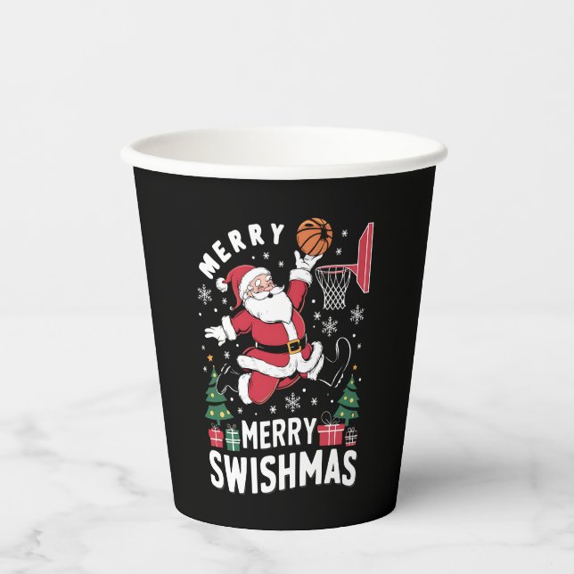Gobelets En Papier Joyeux Swishmas Noël Père Noël Jouer Basketball (Recto)