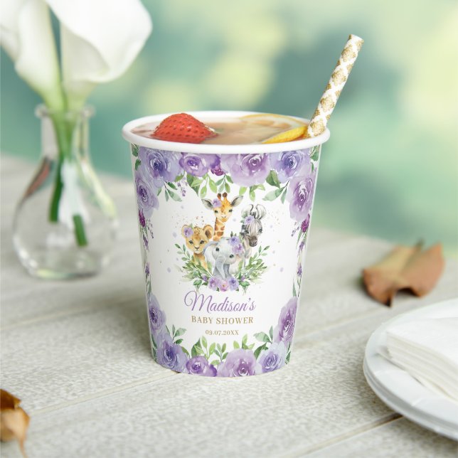 Gobelets En Papier Jungle Animal Safari Purple Floral Baby shower (Insitu)