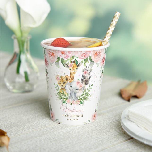 Gobelets En Papier Jungle Animaux rose Baby shower Floral Anniversair (Insitu)