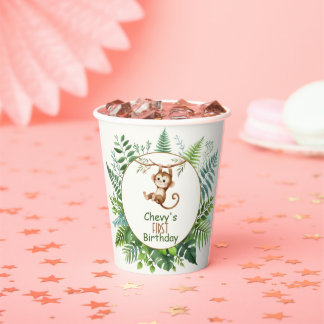 Gobelets En Papier Jungle Monkey Hanging On Branch First Birthday 