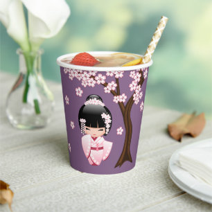 Gobelets En Papier Kimono rose Kawaii Poupée Kokeshi sur fond violet