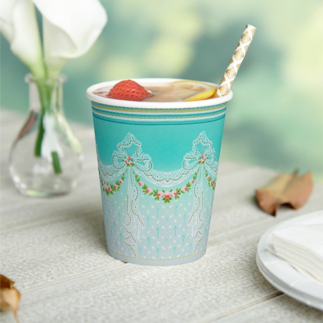 Gobelets En Papier Lacy Swags Bow Knots Rose Garlands Floral Mariage (Insitu)