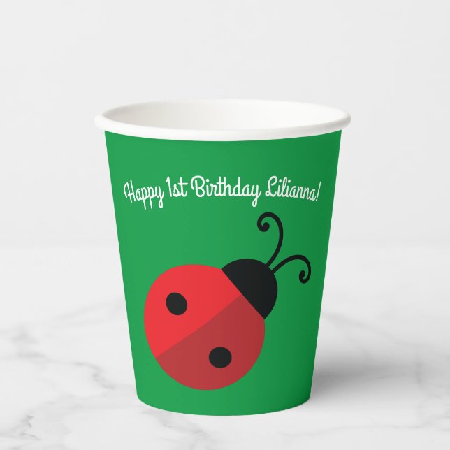 Gobelets En Papier Lady Bug Cute Kids 1ère fête d'anniversaire (Recto)