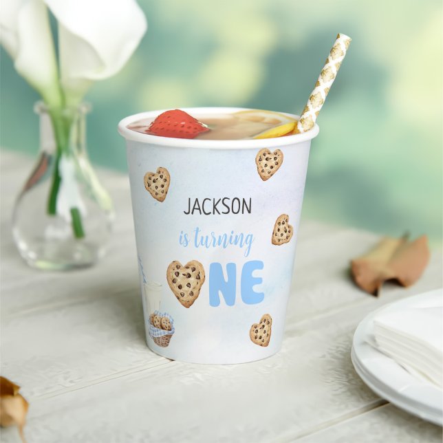 Gobelets En Papier Lait et biscuits Bleu 1er anniversaire (Créateur téléchargé)