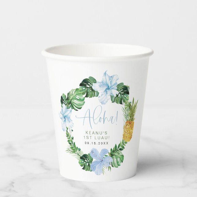 Gobelets En Papier LALANI Tropical Blue Hibiscus Luau 1er anniversair (Recto)
