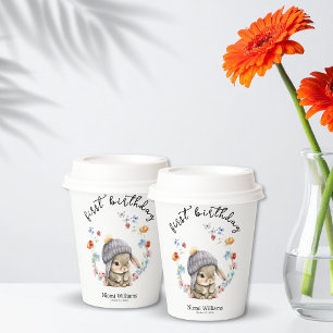 Gobelets En Papier Lapin simple de la forêt de fleurs sauvages 1er an