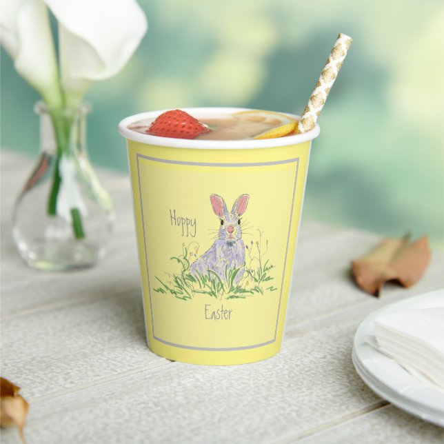 Gobelets En Papier Lavande Lapin de Pâques Arrière - plan jaune (Insitu)