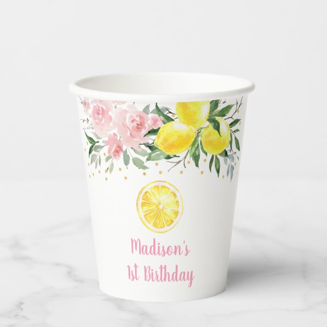 Gobelets En Papier Lemonade Soleil rose Floral Anniversaire (Recto)