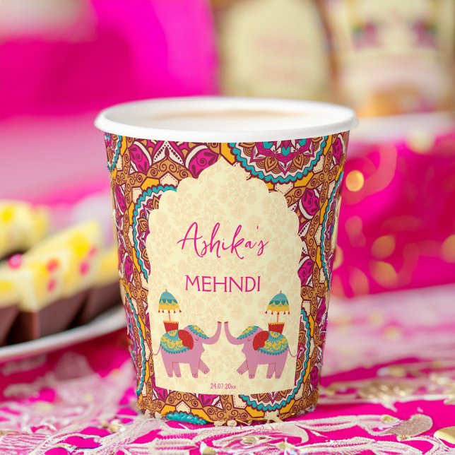 Gobelets En Papier Les éléphants mariages indiens (Indian wedding mehndi cute elephants personalized name paper cups customized mehndi table decor)
