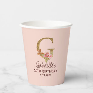 Gobelets En Papier Lettre G Monogramme Or Roses Rose Pâle