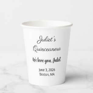 Gobelets En Papier Lettres douces : Noir sur Quinceanera blanc