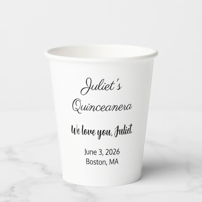 Gobelets En Papier Lettres douces : Noir sur Quinceanera blanc (Verso)