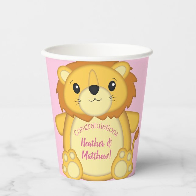 Gobelets En Papier Lion Baby shower rose (Recto)