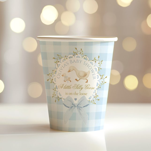 Gobelets En Papier Little Silly Goose Blue Gingham Baby Shower (Créateur téléchargé)