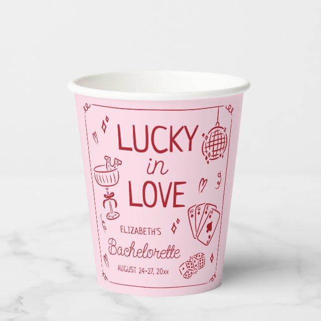 Gobelets En Papier Lucky In Love Whimsical Main tiré Bachelorette (Recto)