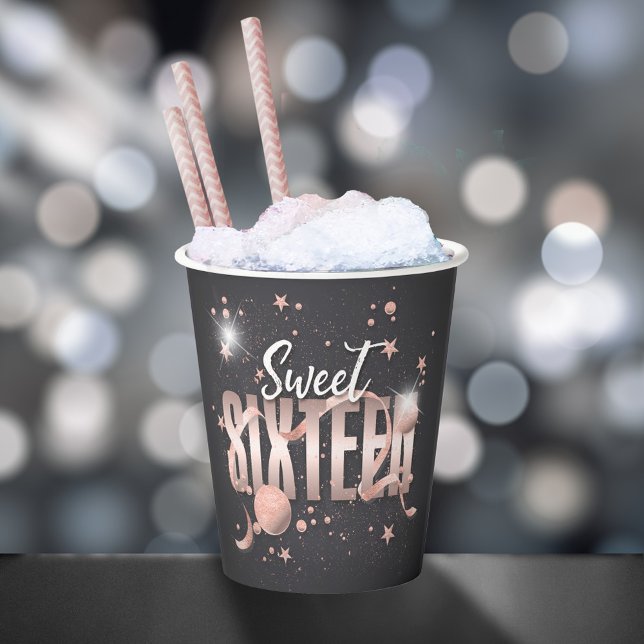 Gobelets En Papier Lune et étoiles Sweet 16 Rose Gold/Blk ID788 (Créateur téléchargé)