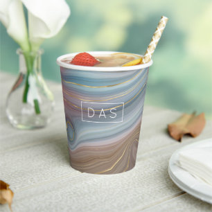 Gobelets En Papier Luxe Strata   Ardoise Bleu Taupe Rose Agate Monogr