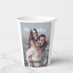 Gobelets En Papier M & Mme ajoutent le nom de famille photo date mari