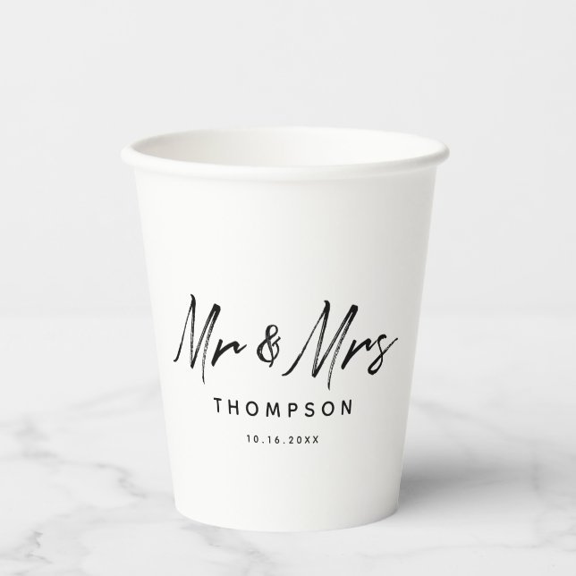 Gobelets En Papier M. & Mme Modern Black White Script Mariage (Recto)