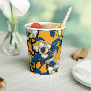 Gobelets En Papier Magnolia en floraison et oiseau de tireur 3