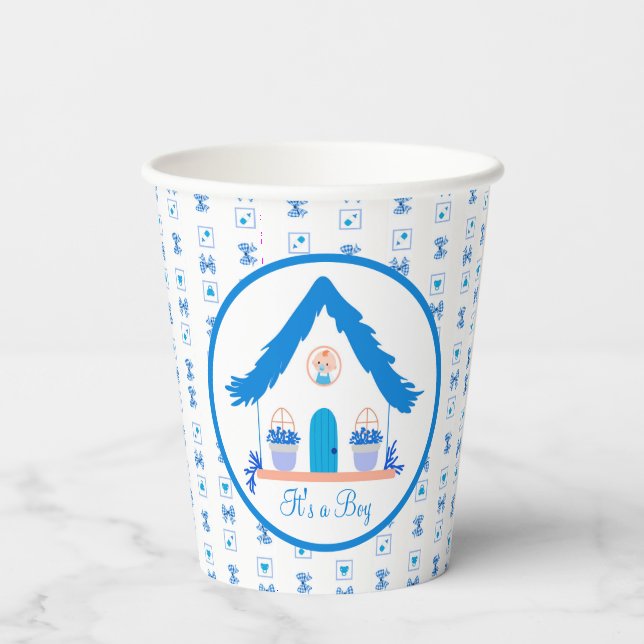 Gobelets En Papier Maison bleue personnalisée C'est un Baby shower ga (Verso)