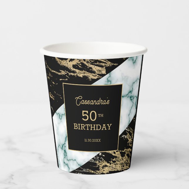 Gobelets En Papier Marbre blanc Chic Gold Paint Texture Anniversaire (Recto)