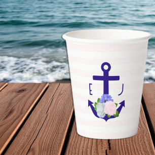 Gobelets En Papier Mariage aux rayures florales nautiques