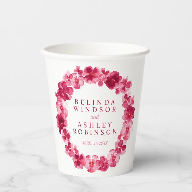 Gobelets En Papier Mariage d'aquarelle de fleurs rose rouge (Recto)