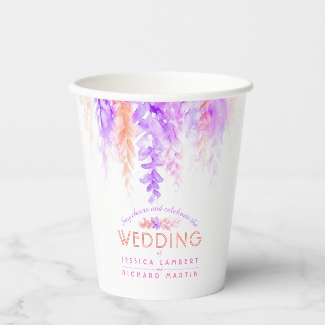 Gobelets En Papier Mariage d'aquarelle de vigne fleurie violette (Recto)