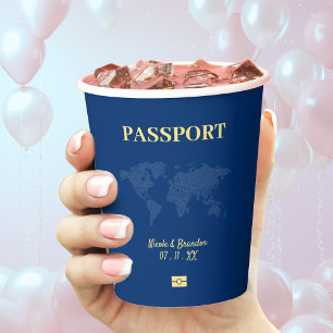 Gobelets En Papier Mariage de destination avec passeport bleu et jaun