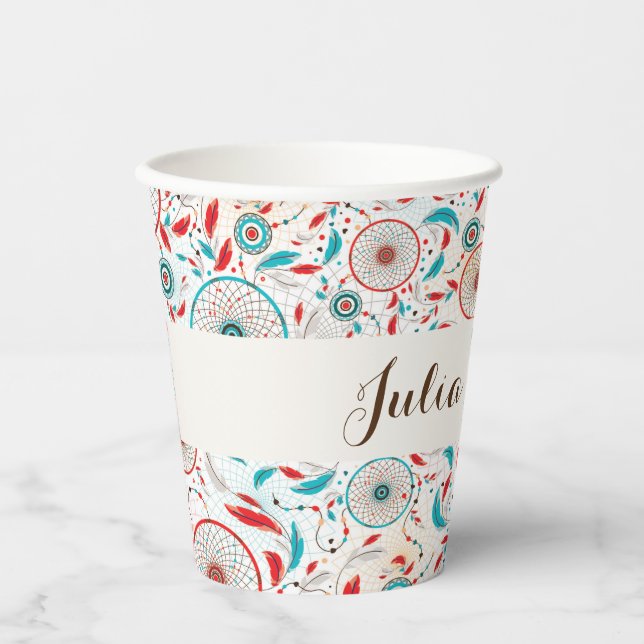 Gobelets En Papier Mariage de Dreamcatcher en plumes de la tribu Boho (Recto)