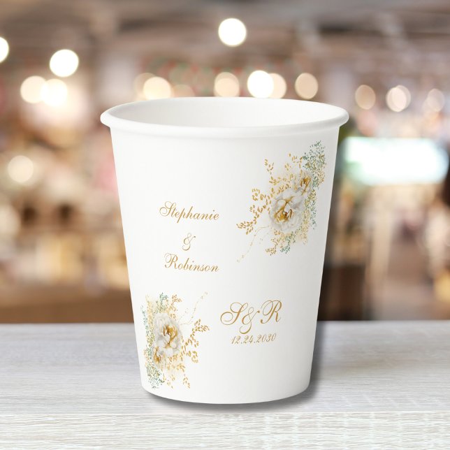 Gobelets En Papier Mariage du logo de la Florale d'or (Créateur téléchargé)