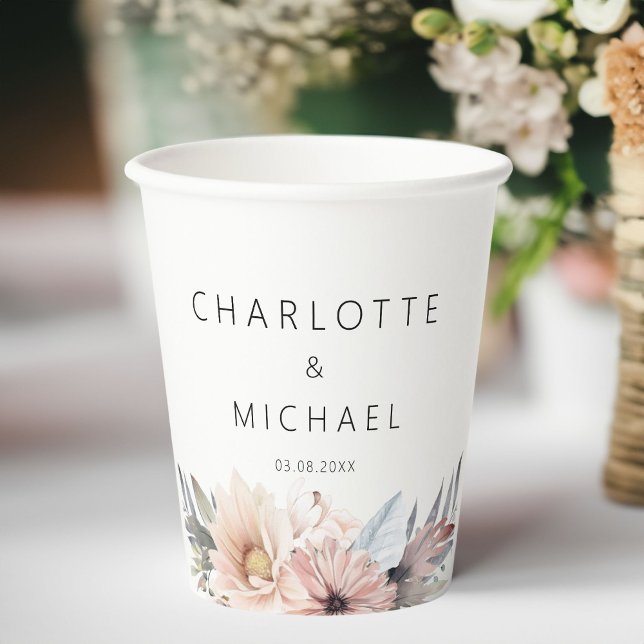 Gobelets En Papier Mariage élégant, blanc & Pastel Boho (Elegant, White & Pastel Boho Wedding Paper Cups with your name and date.)