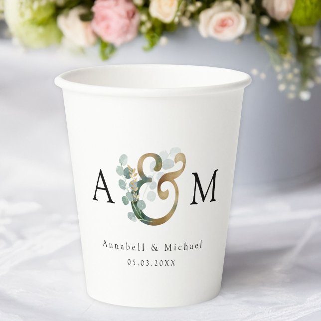 Gobelets En Papier Mariage Eucalyptus Elégant moderne (Modern, elegant eucalyptus ampersand wedding paper cups with your names and date.)