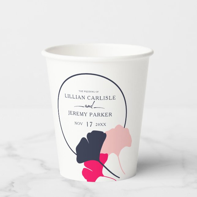 Gobelets En Papier Mariage Feuille Bold Modern Navy et Pink Ginkgo (Recto)