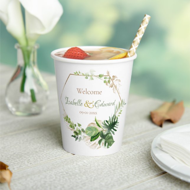 Gobelets En Papier Mariage Feuille Tropical Green & Gold Monstera (Insitu)