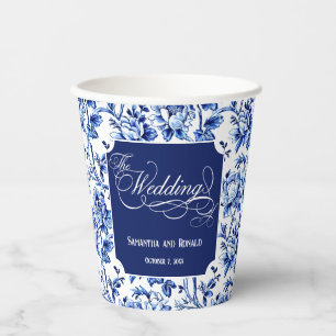 Gobelets En Papier Mariage Fleurs Bleues et Blanches Toile avec Calli