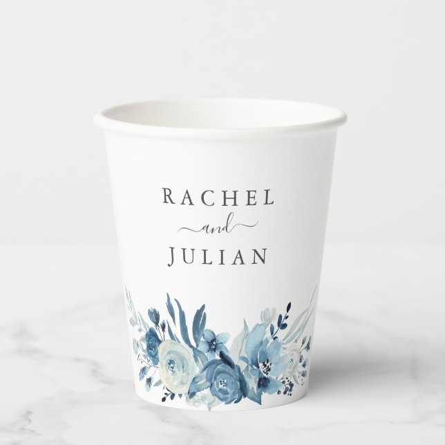 Gobelets En Papier Mariage floral bleu aquarelle (Recto)