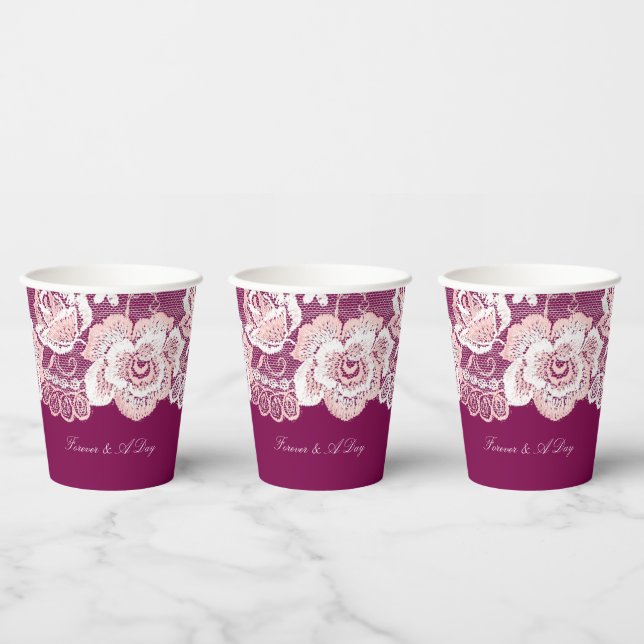 Gobelets En Papier Mariage floral dentelle rose romantique (Multi)