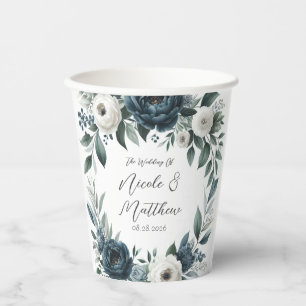 Gobelets En Papier Mariage floral d'ivoire élégant bleu marine et arg