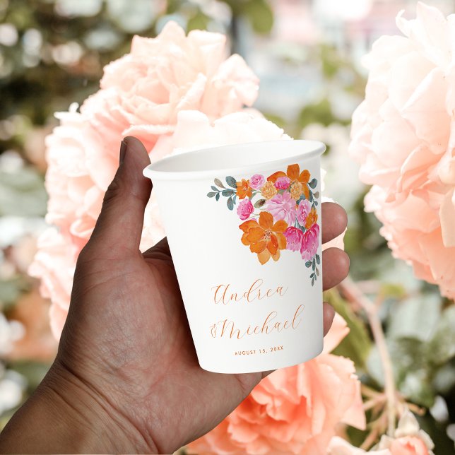 Gobelets En Papier Mariage floral rose orange vibre été personnalisé (Créateur téléchargé)