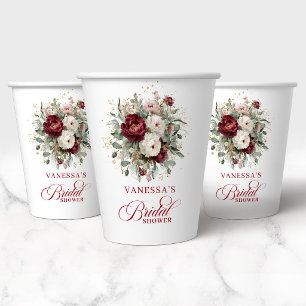 Gobelets en Papier Mariage Floral Rouge Foncé Élég
