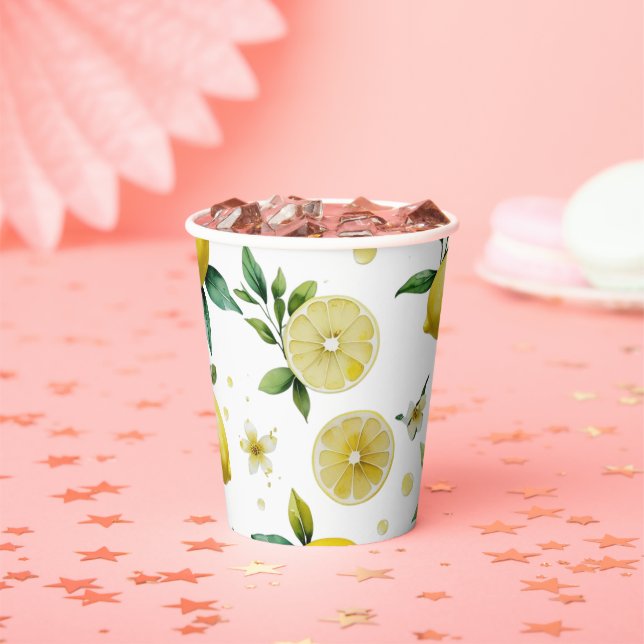 Gobelets En Papier Mariage moderne avec citron bleu floral script (Insitu)