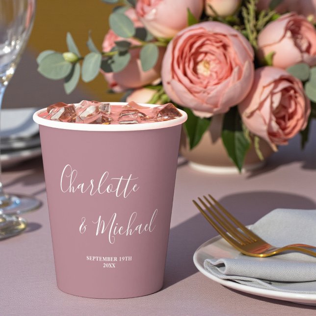 Gobelets En Papier Mariage Moderne Tendance Rose Poussiéreuse Écritur (Créateur téléchargé)