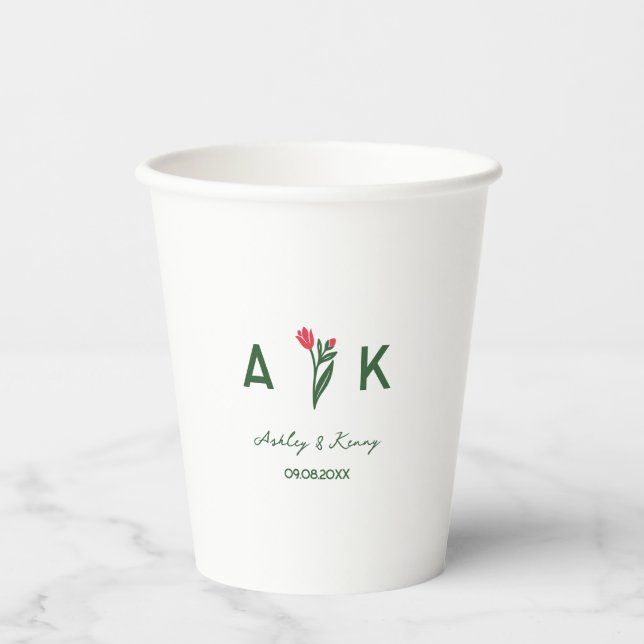 Gobelets En Papier Mariage Monogramme Fleur Sauvage Art Populaire Col (Recto)