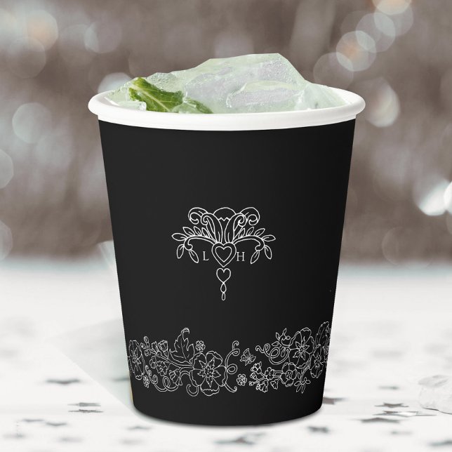 Gobelets En Papier Mariage monogramme noir blanc fleur de lis (Créateur téléchargé)